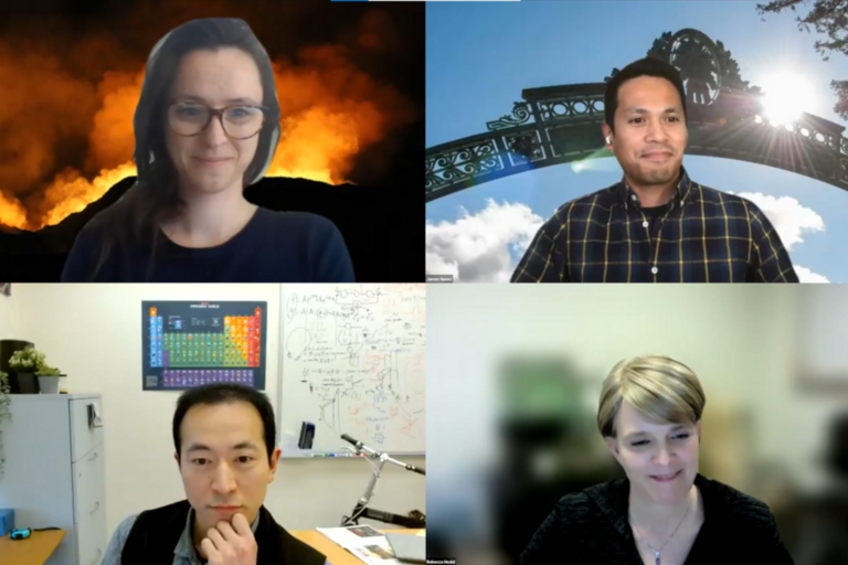 A screenshot from the New Faculty Tales from the Lab panel discussion, with Penny Weiser, James Nuñez, Eric Ma, and moderator Rebecca Heald.