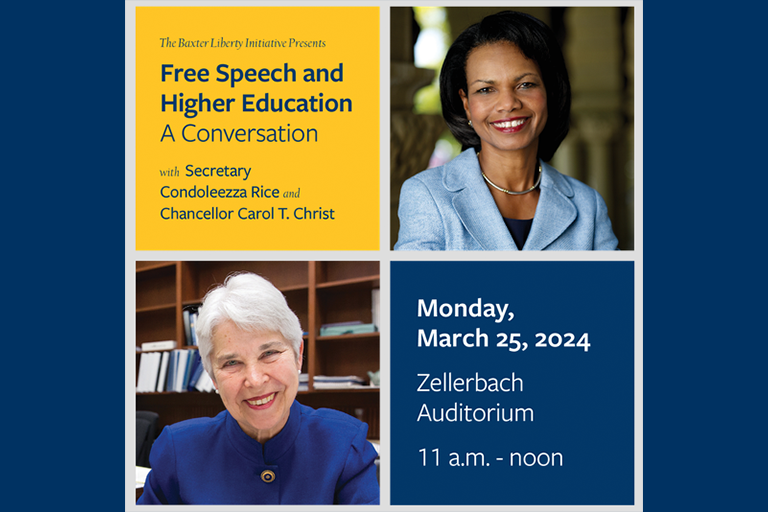 Headshots of Condoleezza Rice and Carol Christ with event details