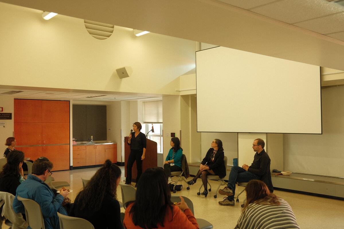 Rebecca Sablo introduces Aileen Liu, Jennifer Johnson-Hanks, and Hernan Garcia speak in a panel.