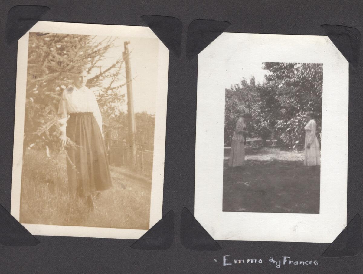 A photo of two black and white photos; the left is a woman in a white top and dark skirt outside; the right is two women in a field.