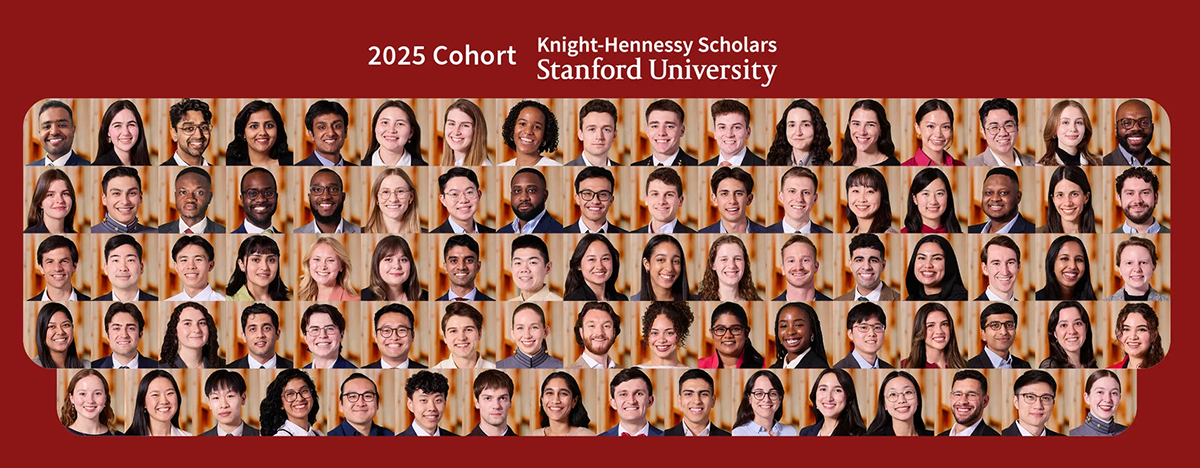 On a red background, features square portraits of 84 people, with the text &quot;2025 Cohort: Knight-Hennessy Scholars, Stanford University above the portraits