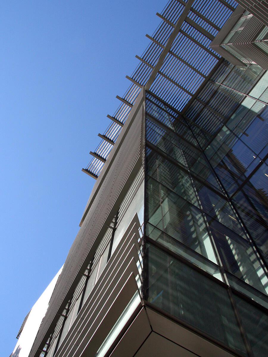 Looking up at the modern facade of a building
