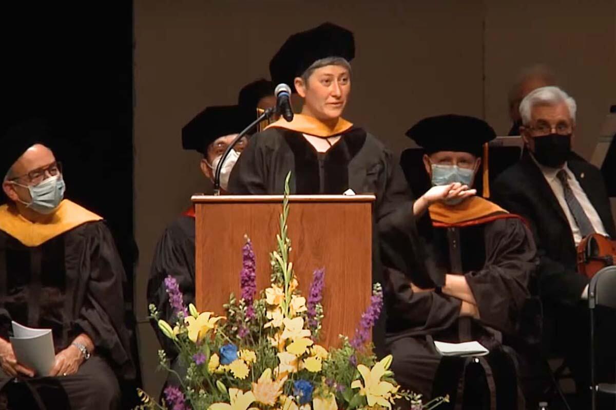 Mathematician Moon Duchin addresses graduates at the Mathematics commencement ceremony in 2022