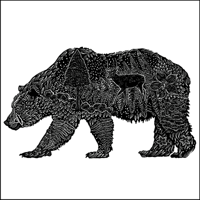 A black logo of a bear comprised of plant and animal illustrations