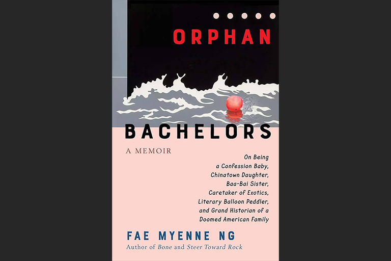 Book cover for Orphan Bachelors - a pink book with black and grey photo of an ocean with a red balloon on top