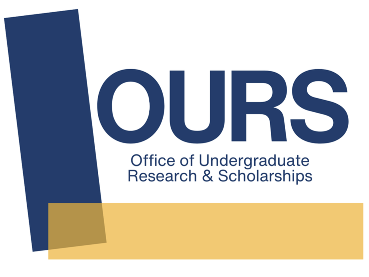 A logo for the Office of Undergraduate Research & Scholarships (OURS) featuring overlapping yellow and blue rectangles