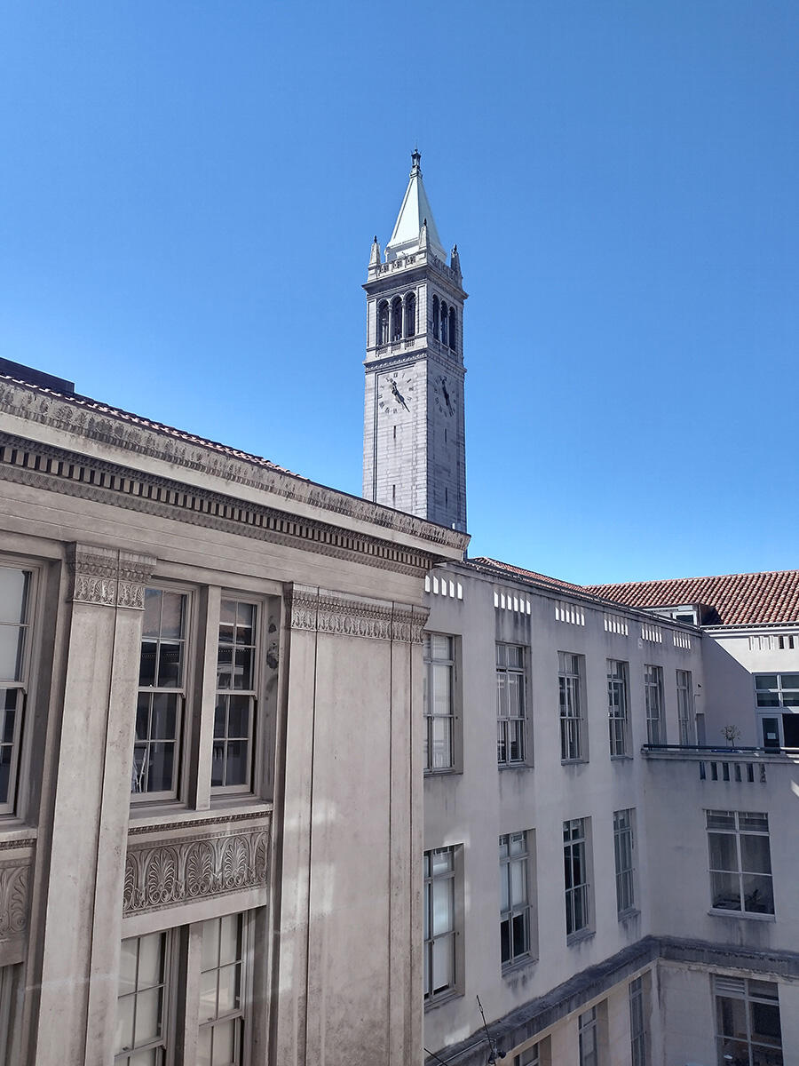 The Campanile rises above the Physics building.