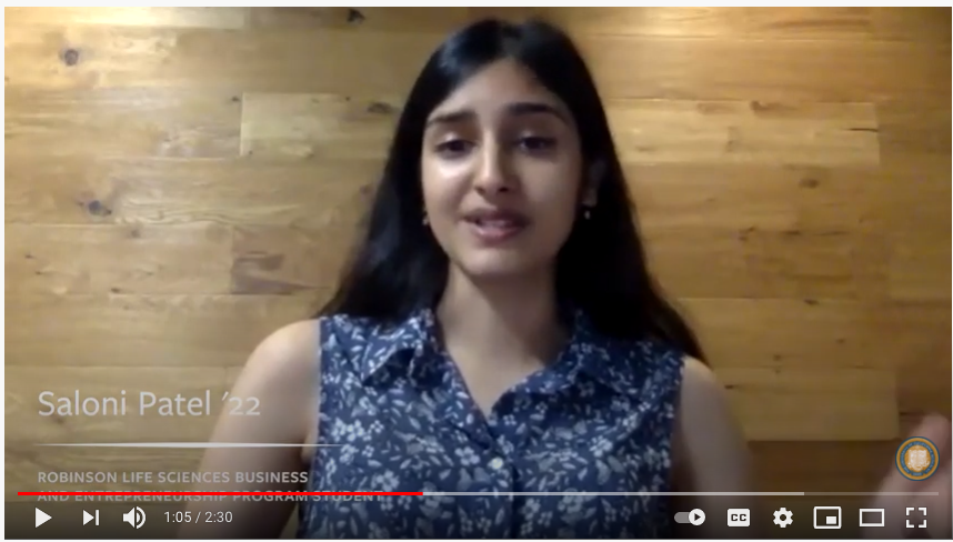 Screen grab of Saloni Patel from "Robinson gift supports biotech ecosystem" video