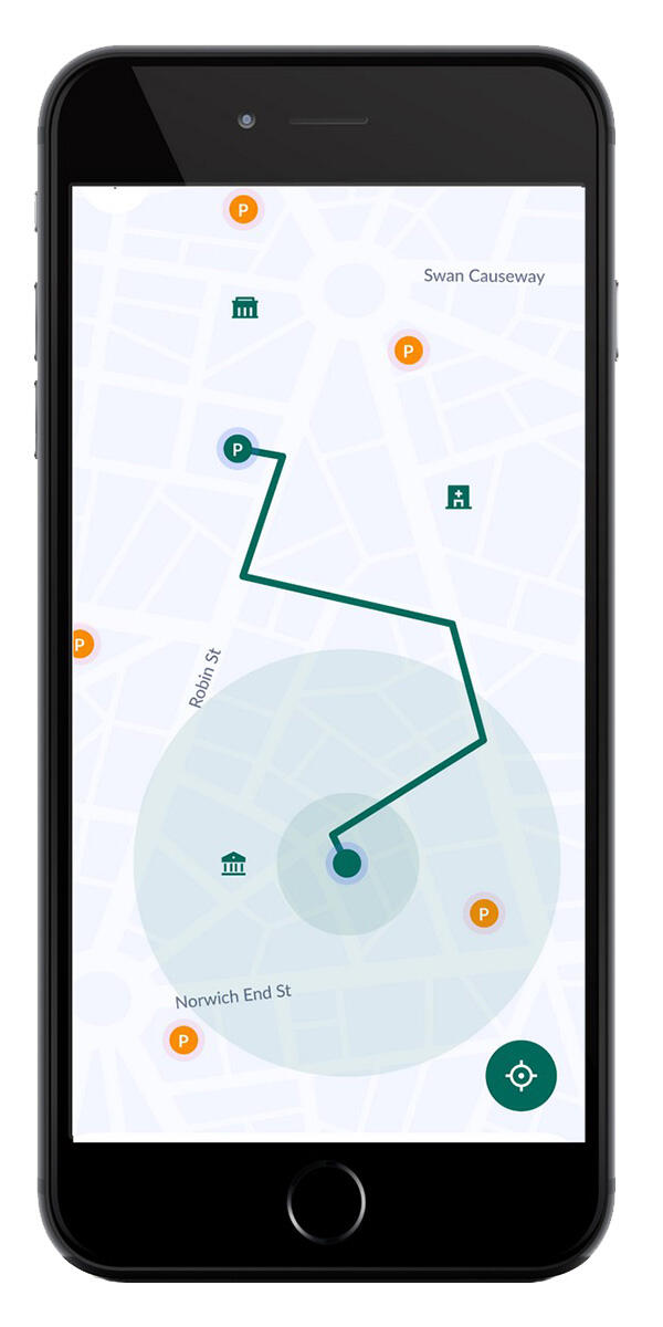 A mobile app's top-down map displays a route from the user's location to a nearby parking spot.