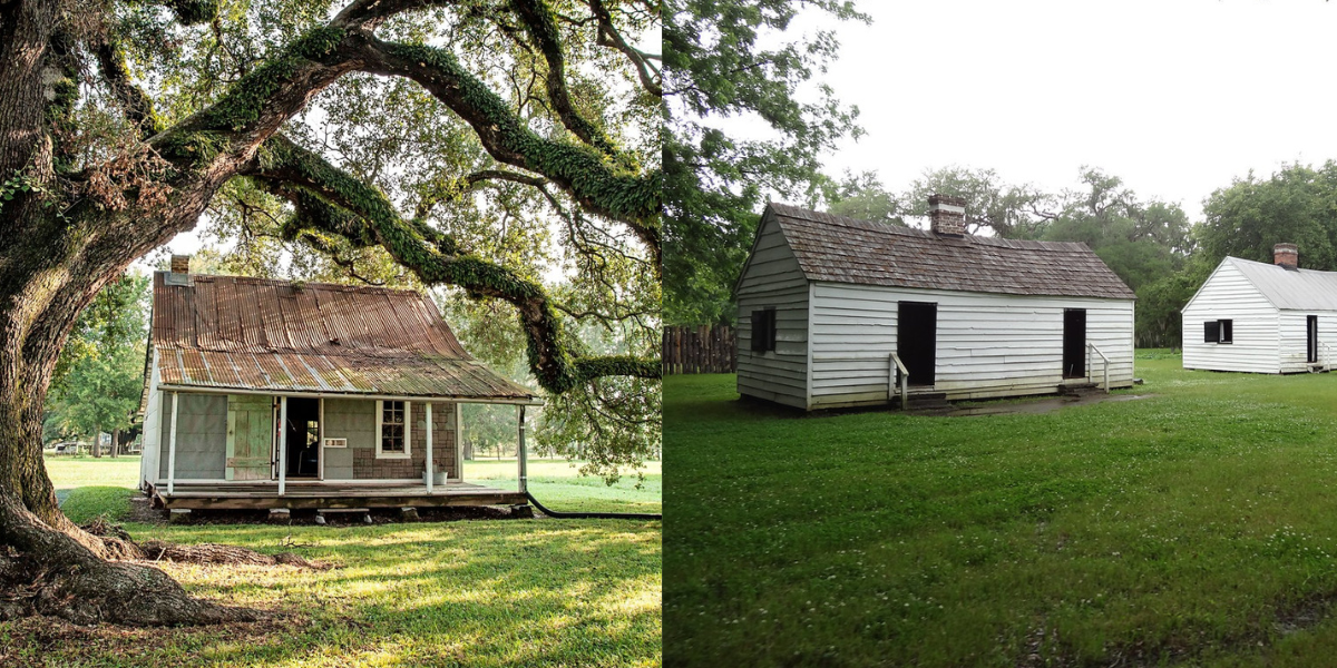 On the left: Oakland Plantation Slave Quarters, On the right: Magnolia Plantation Slave Quarters