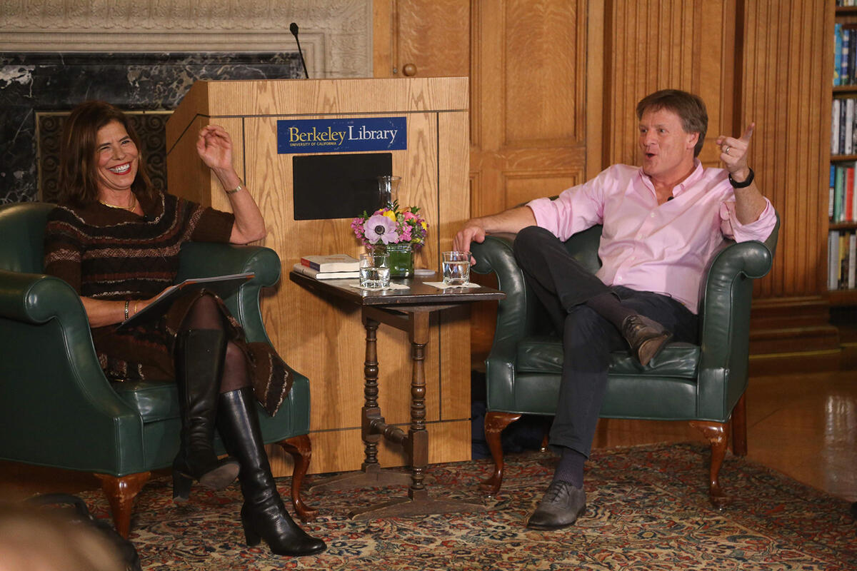 Ramona Naddaff and Michael Lewis in conversation at an Art of Writing event the Jacobsons attended.