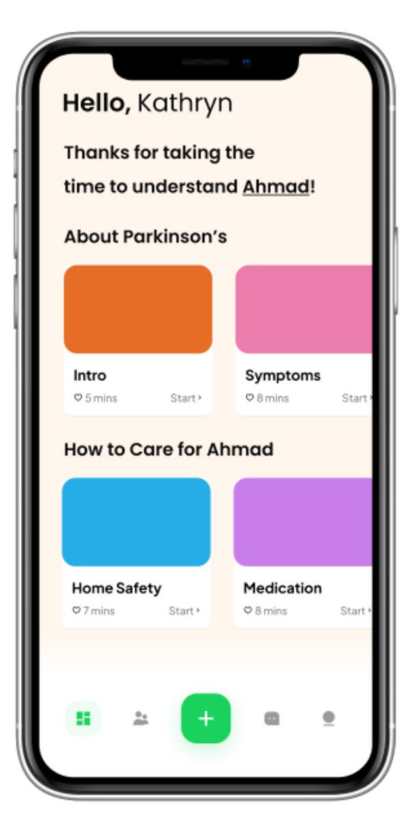 A mobile app thanks a user named Kathryn for taking the time to understand Ahmad and shares colorful news tiles about health care.