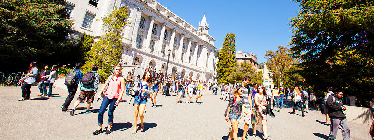 Students walking outside Wheeler Hall on Berkeley campus