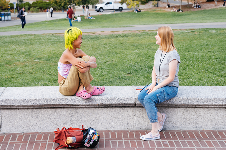 Two students sit near a lawn on campus chatting with each other