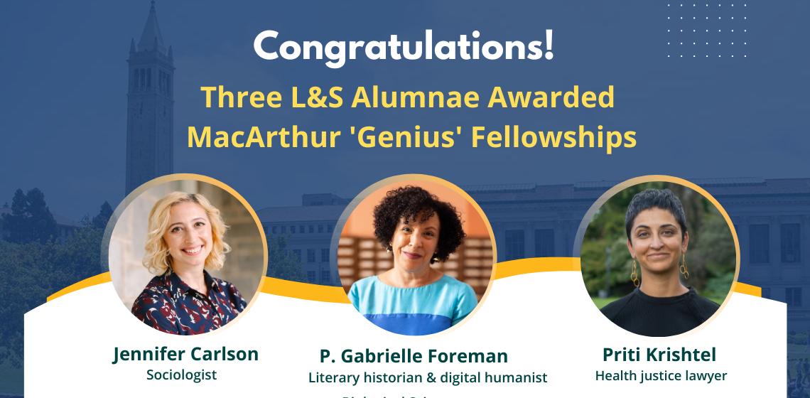 Headshots of MacArthur Fellows Jennifer Carlson, Priti Krishtel and Gabrielle Foreman against a blue and gold graphic background