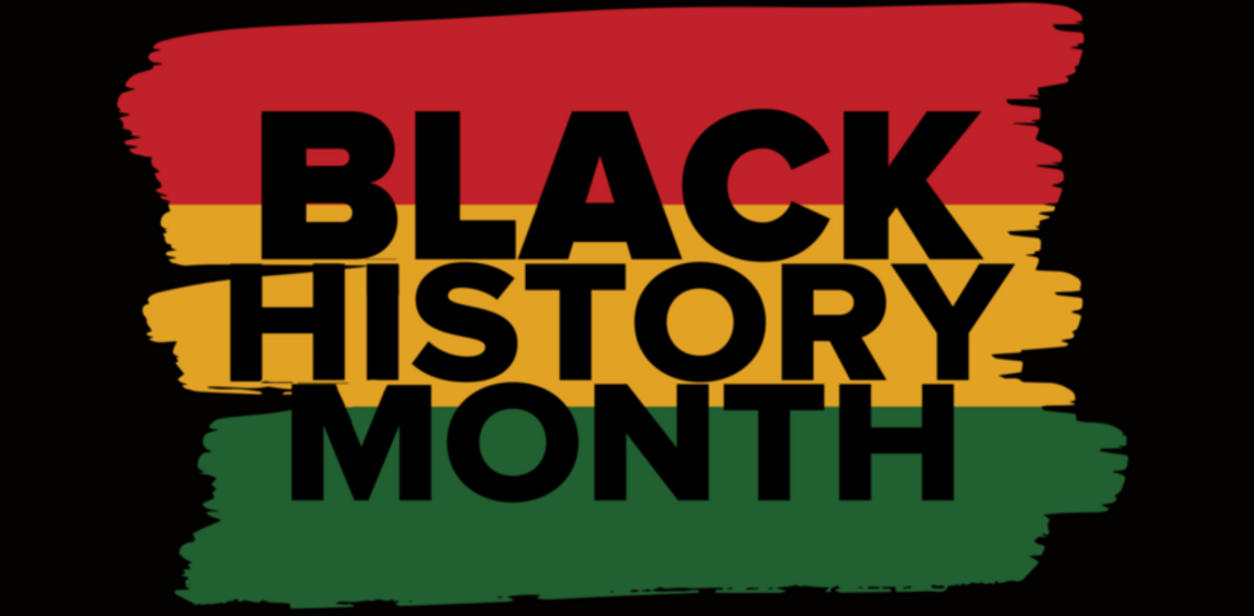 Graphic of red, yellow, and green and words Black History Month