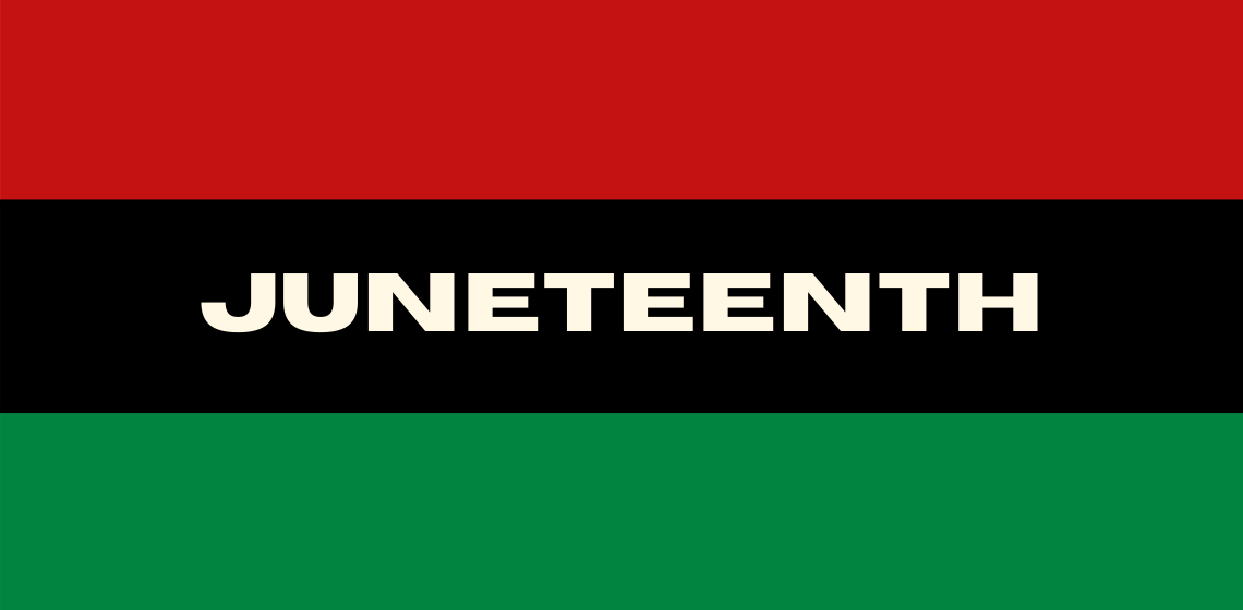 "Juneteenth" overlaid on red, black, and green stripes