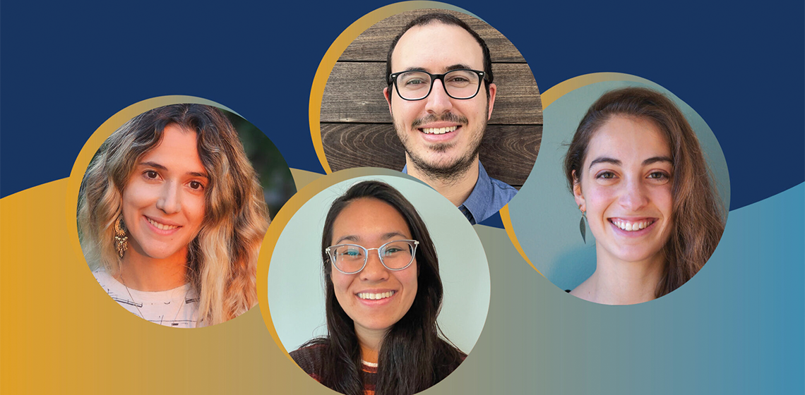 Four headshots of physics faculty against a blue and gold graphic background