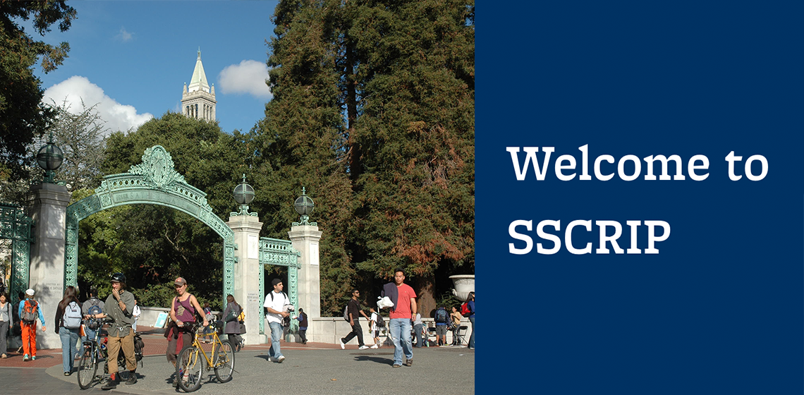Students walk around Sather Gate next to a blue graphic that says "Welcome to SSCRIP