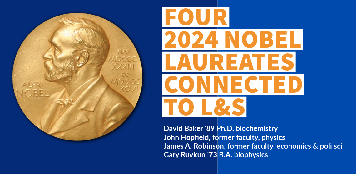 Graphic blue background with gold writing: Four 2024 Nobel laureates connected to L&S