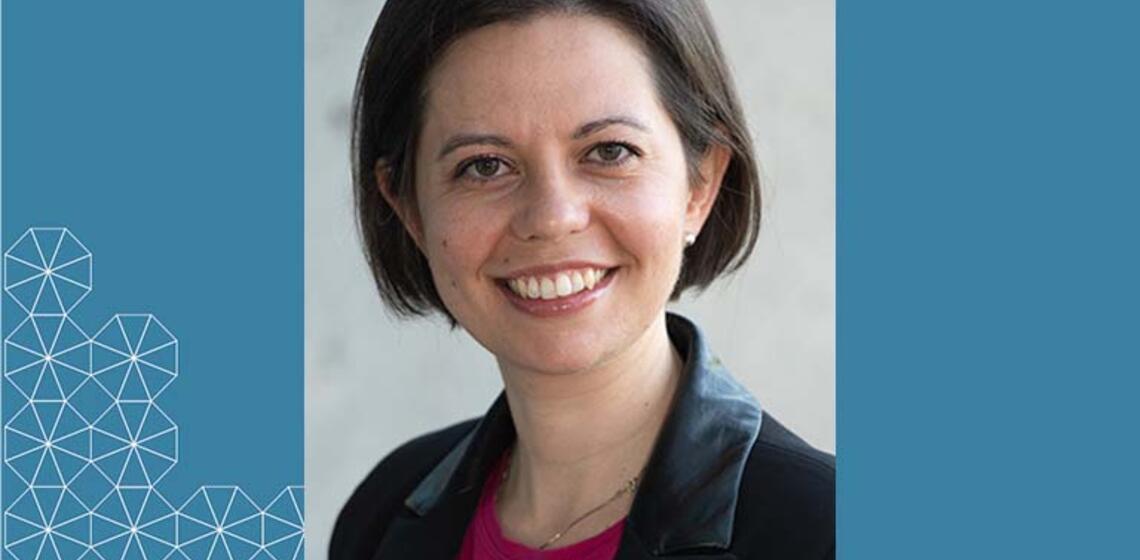 Headshot of Astronomy Professor, Raffaella Margutti, with blue graphics