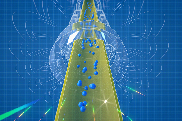 Blue and green graphic illustration of antihydrogen atoms in a magnetic trap