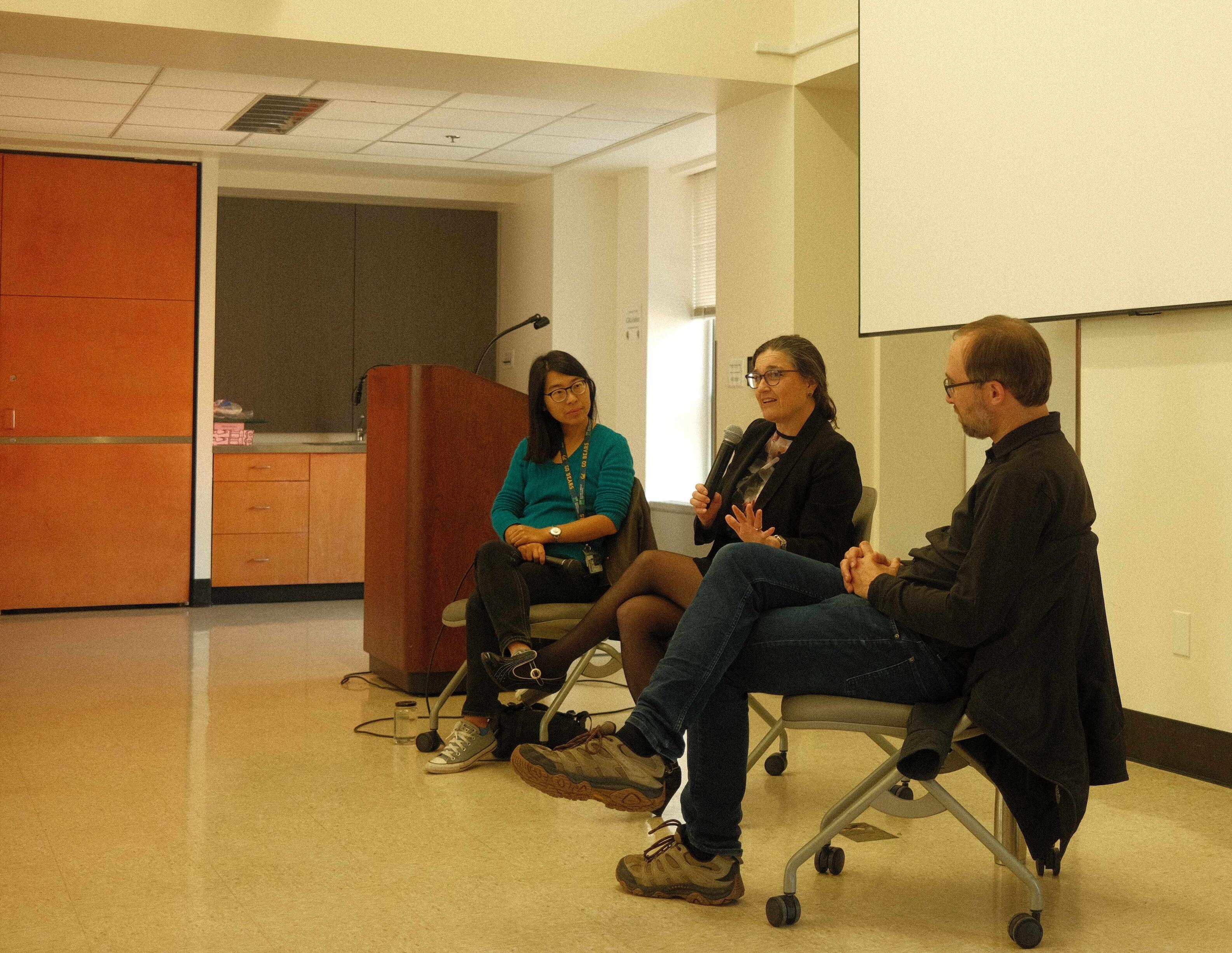 Aileen Liu (left), Jennifer Johnson-Hanks (middle), and Hernan Garcia speak in a panel.