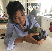 Prof. Lau holding a rock sample and looking down at it