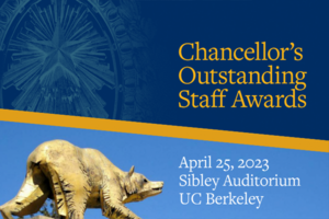 Graphic with Sather Gate logo and a bear statue with words Chancellor's Outstanding Staff Awards