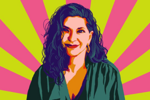 Illustration of Juana Maria Rodriguez against pink and lime green background