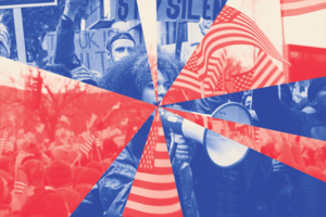 Blue and red photo illustration of people at a rally holding megaphones and waving American flags