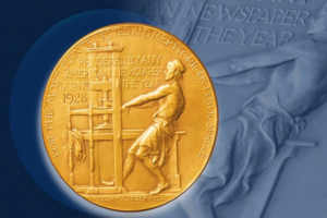 Pulitzer Prize award against a blue background