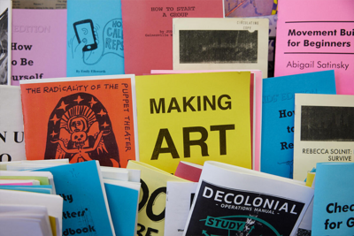 Collection of colorful flyers about art and art practice