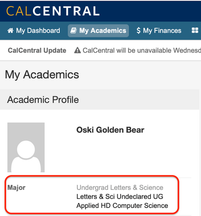 Screenshot of CalCentral dashboard - sample student record showing where student's major shows up