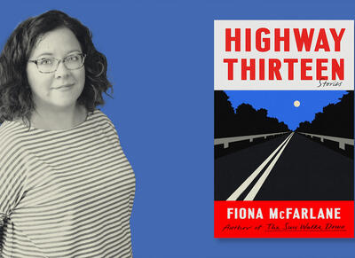 Person in black and white color stands against blue graphic background next to the cover of a novel, Highway Thirteen