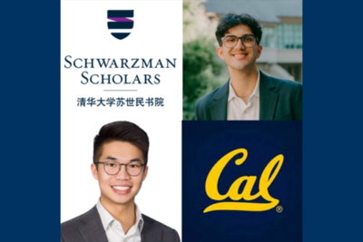 Schwarzman Scholars crest logo and photos of two students wearing white collared shirts and suit jackets, with the Cal logo in yellow on a blue background