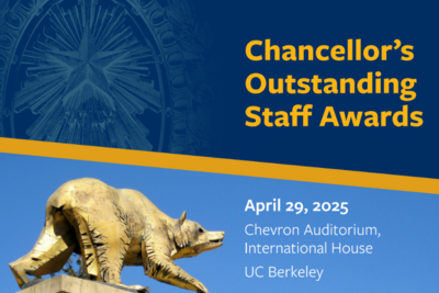 event image for Chancellor's Outstanding Staff Awards with a bear statue against a graphic blue background