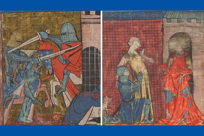  on the left, two knights fight each other on horseback; on the right, the knight ask a woman for forgiveness after he killed her husband